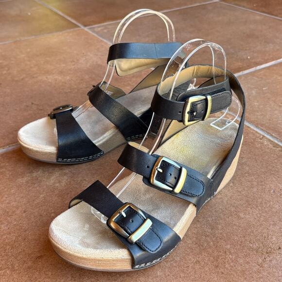 Dansko Shoes - Dansko "Lou" Black Leather Strappy Wedge Sandals w Brass Tone Hardware US 7.5-8